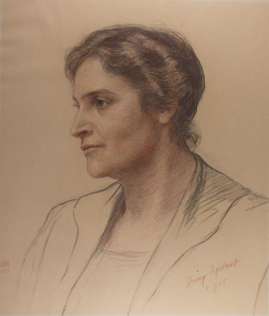 Die Porträtzeichnung von E. Kahn-Hensel aus dem Jahr 1926 zeigt die Frankfurter Stadtverordnete der DDPJenny Apolant. Von 1910 bis 1925 war sie im Vorstand des Allgemeinen Deutschen Frauenvereins