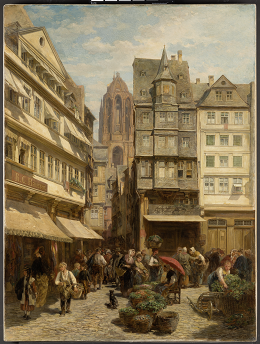 Die Ölmalerei auf Leinwand, gemalt von Anton Burger in Frankfurt um 1873, zeigt den Eingang zum Alten Markt in Frankfurt vom Römerberg aus. 