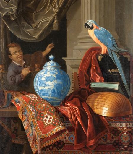 Das Gemälde zeigt eine Frankfurter Fayencevase auf orientalischem Teppich neben Papagei